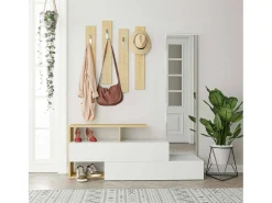 Armário de entrada Dmartne, Entrada de cabide, Composição para átriosOu, Consola de armazenamento multifunções, 137x35h55 cm, Branco e Carvalho