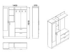 Armário de entrada Dmasiell, Entrada para cabides, Composição para átrio, Consola de armazenamento multifunções, 140x37h182 cm, Carvalho e Branco