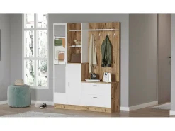 Armário de entrada Dmasiell, Entrada para cabides, Composição para átrio, Consola de armazenamento multifunções, 140x37h182 cm, Carvalho e Branco