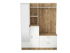 Armário de entrada Dmasiell, Entrada para cabides, Composição para átrio, Consola de armazenamento multifunções, 140x37h182 cm, Carvalho e Branco