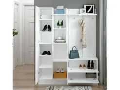 Armário de entrada Dmasiell, Entrada do cabide, Composição do átrio, Consola de armazenamento multifunções, 140x37h182 cm, Branco