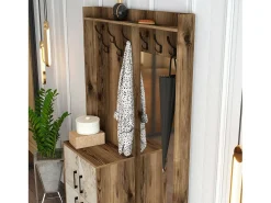 Armário de entrada Dperron, Entrada de cabide, Composição para átrio, Consola de armazenamento multifuncional, 120x35h200 cm, Nogueira e Branco