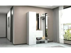 Armário de entradaDcriscion, Armário multifuncional com 2 portas, Cabide de parede com 2 espelhos, 140x35h190 cm, Branco