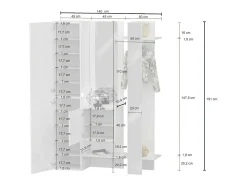 Armário de entradaDcriscion, Armário multifuncional com 2 portas, Cabide de parede com 2 espelhos, 140x35h190 cm, Branco