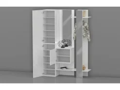 Armário de entradaDcriscion, Armário multifuncional com 2 portas, Cabide de parede com 2 espelhos, 140x35h190 cm, Branco