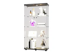 Armário de exposição LED em vidro 4 prateleiras, 80,49 x 36,49 x 163,9 cm, prateleira em vidro com 2 portas, armário de exposição independente, preto