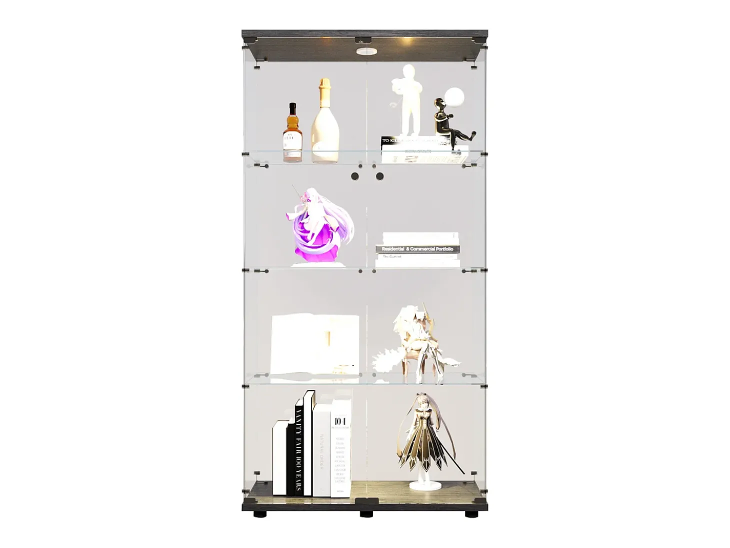 Armário de exposição LED em vidro 4 prateleiras, 80,49 x 36,49 x 163,9 cm, prateleira em vidro com 2 portas, armário de exposição independente, preto