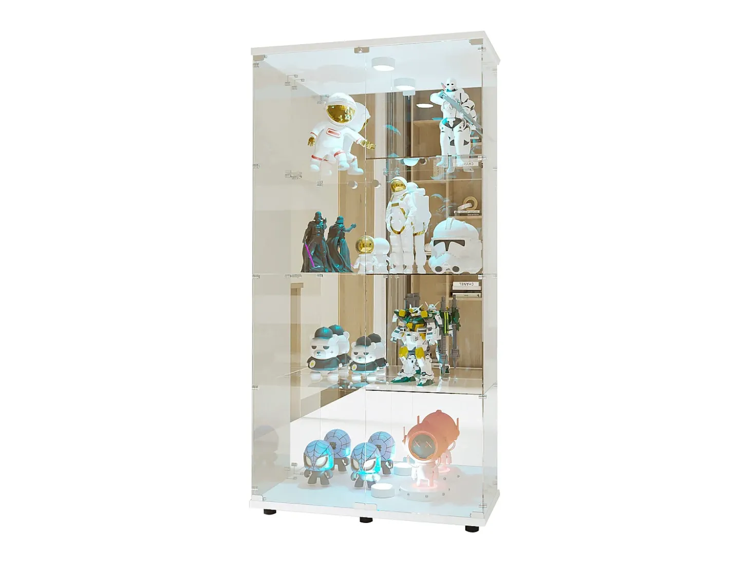 Armário de exposição LED em vidro 4 prateleiras, 80,49 x 36,49 x 163,9 cm, prateleira em vidro com 2 portas, armário de exposição independente, branco