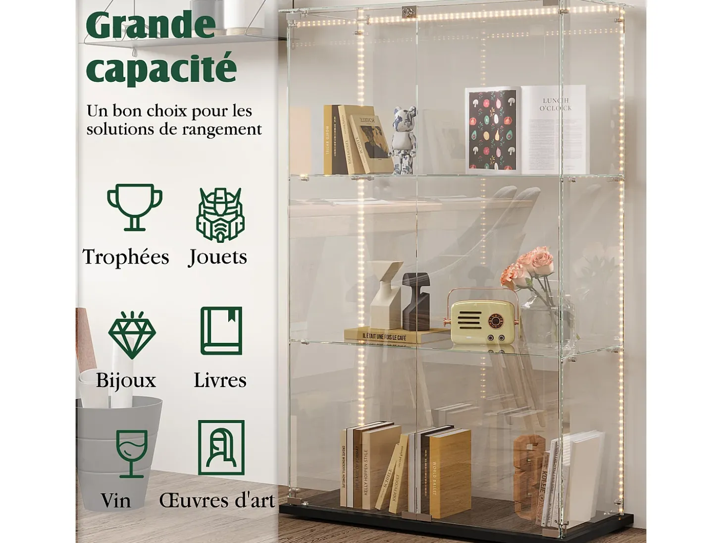 Armário de exposição para sala de estar com 4 prateleiras e portas duplas – Móveis elegantes para sala de estar
