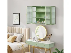 Armário de parede com porta de vidro verde de 70 cm e três níveis de armazenamento, ideal para hall de entrada, sala de estar, banheiro e sala de jantar.