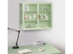 Armário de parede com porta de vidro verde de 70 cm e três níveis de armazenamento, ideal para hall de entrada, sala de estar, banheiro e sala de jantar.