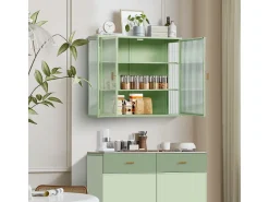 Armário de parede com porta de vidro verde de 70 cm e três níveis de armazenamento, ideal para hall de entrada, sala de estar, banheiro e sala de jantar.