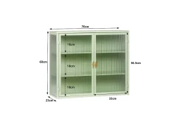 Armário de parede com porta de vidro verde de 70 cm e três níveis de armazenamento, ideal para hall de entrada, sala de estar, banheiro e sala de jantar.