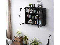 Armário de parede de vidro de 70 cm com duas portas, adequado para hall de entrada, sala de estar e banheiro, com padrão trançado, preto.