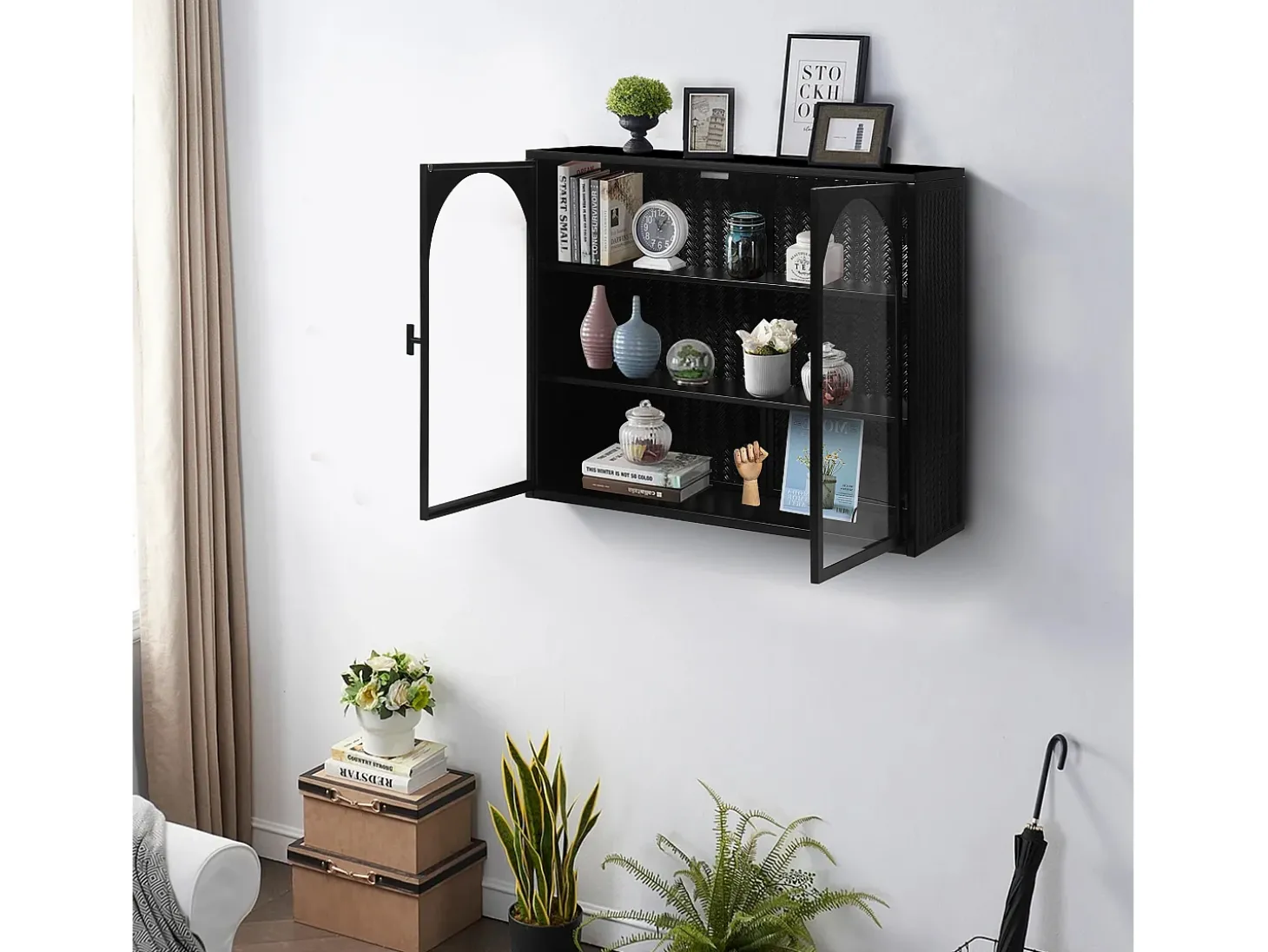 Armário de parede de vidro de 70 cm com duas portas, adequado para hall de entrada, sala de estar e banheiro, com padrão trançado, preto.