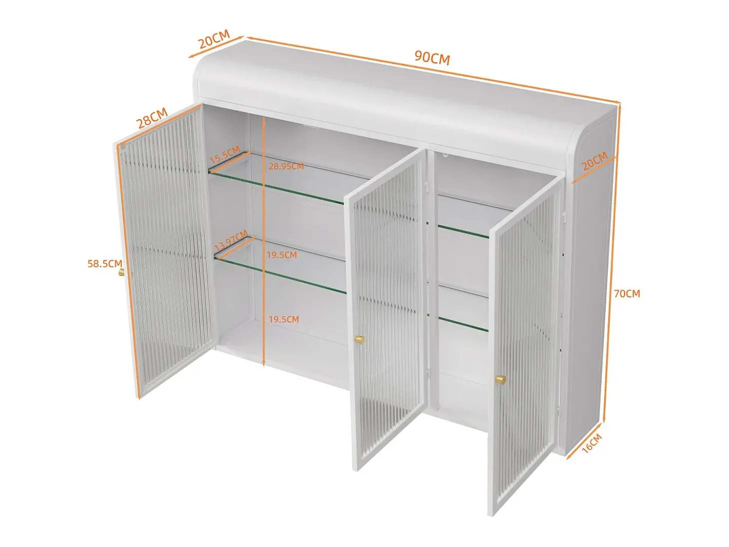 Armário de parede moderno com portas de vidro - para cozinha e banheiro - 90 × 20 × 70 cm, branco