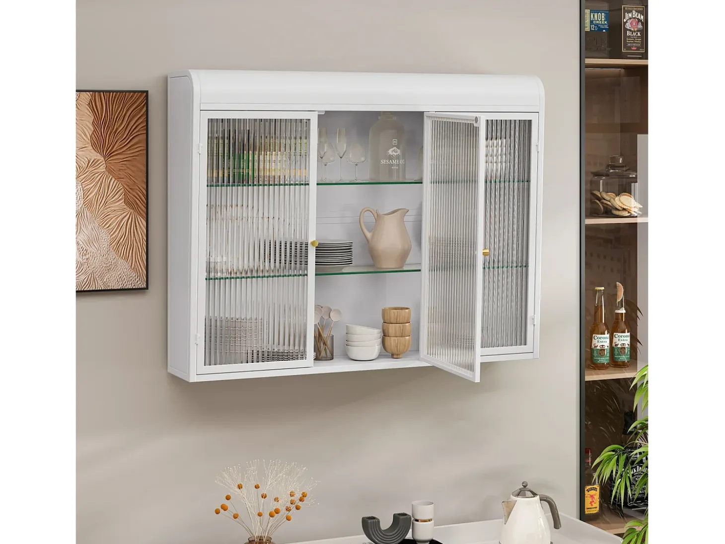 Armário de parede moderno com portas de vidro - para cozinha e banheiro - 90 × 20 × 70 cm, branco