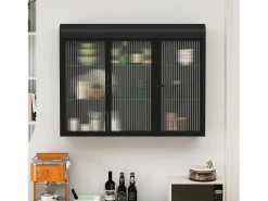 Armário de parede moderno com portas de vidro - para cozinha e banheiro - 90 × 20 × 70 cm, preto