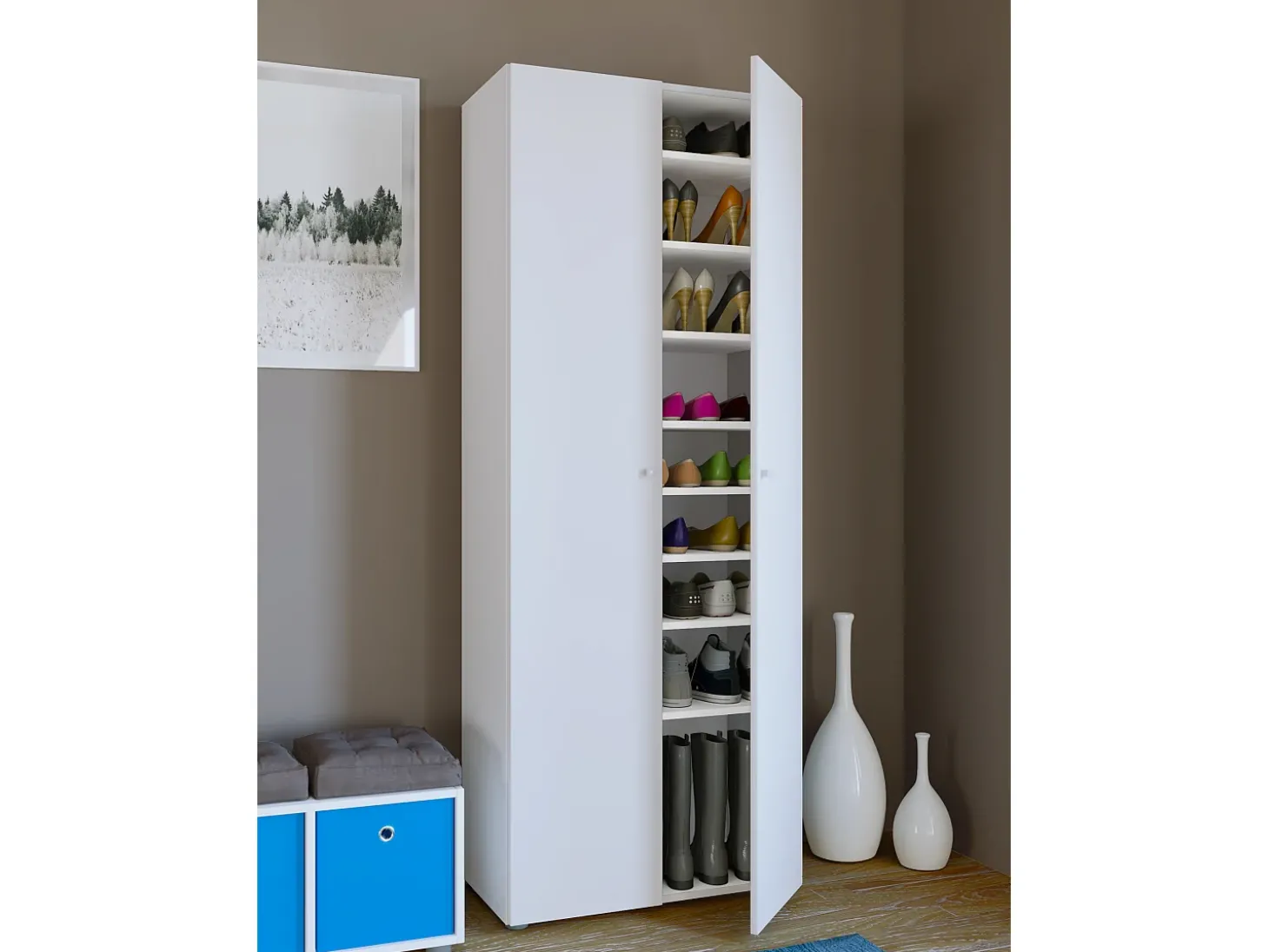 Armário de sapato de madeira VCM | Dimensões: L. 70 x A. 178 x P. 40 cm | Armário para uso integral | 9 compartimentos - Vandol (Branco)