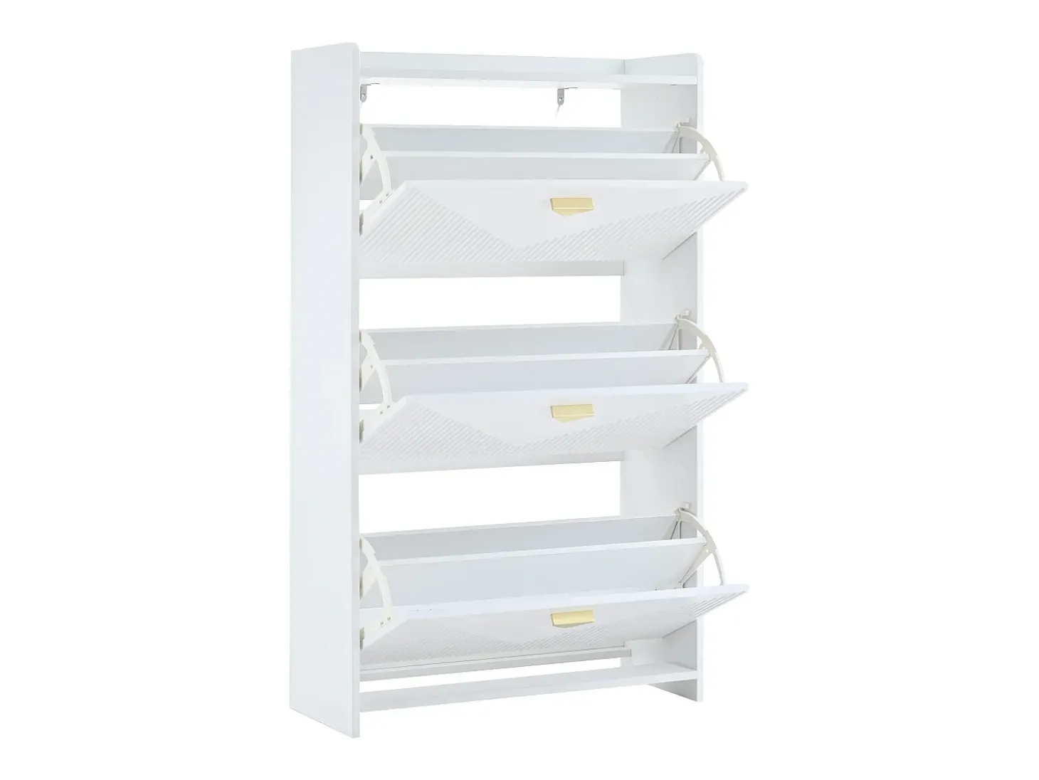 Armário de sapatos branco com 3 portas basculantes e 6 compartimentos.