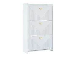 Armário de sapatos branco com 3 portas basculantes e 6 compartimentos.