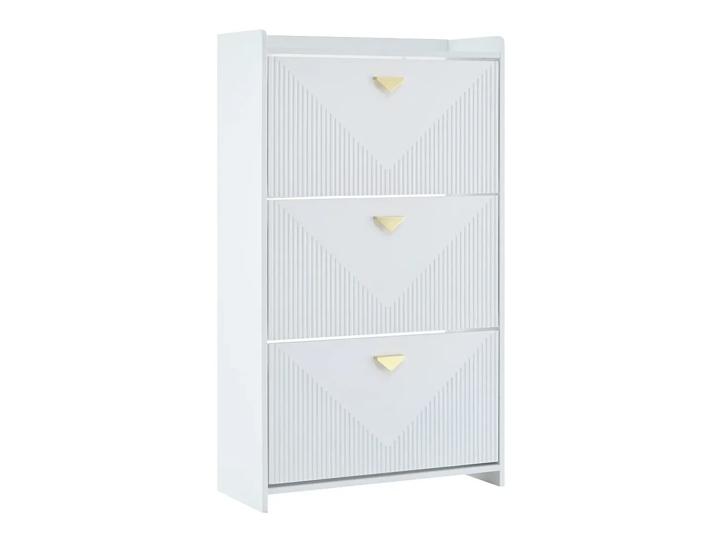 Armário de sapatos branco com 3 portas basculantes e 6 compartimentos.