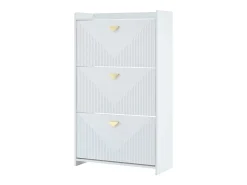 Armário de sapatos branco com 3 portas basculantes e 6 compartimentos.