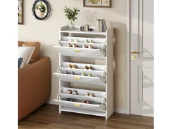 Armário de sapatos branco com 3 portas basculantes e 6 compartimentos.