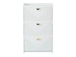Armário de sapatos branco com 3 portas basculantes e 6 compartimentos.