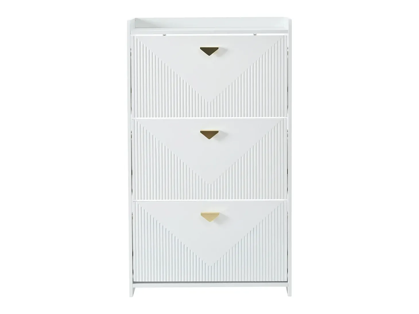 Armário de sapatos branco com 3 portas basculantes e 6 compartimentos.