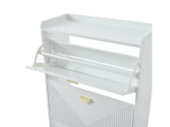 Armário de sapatos branco com 3 portas basculantes e 6 compartimentos.