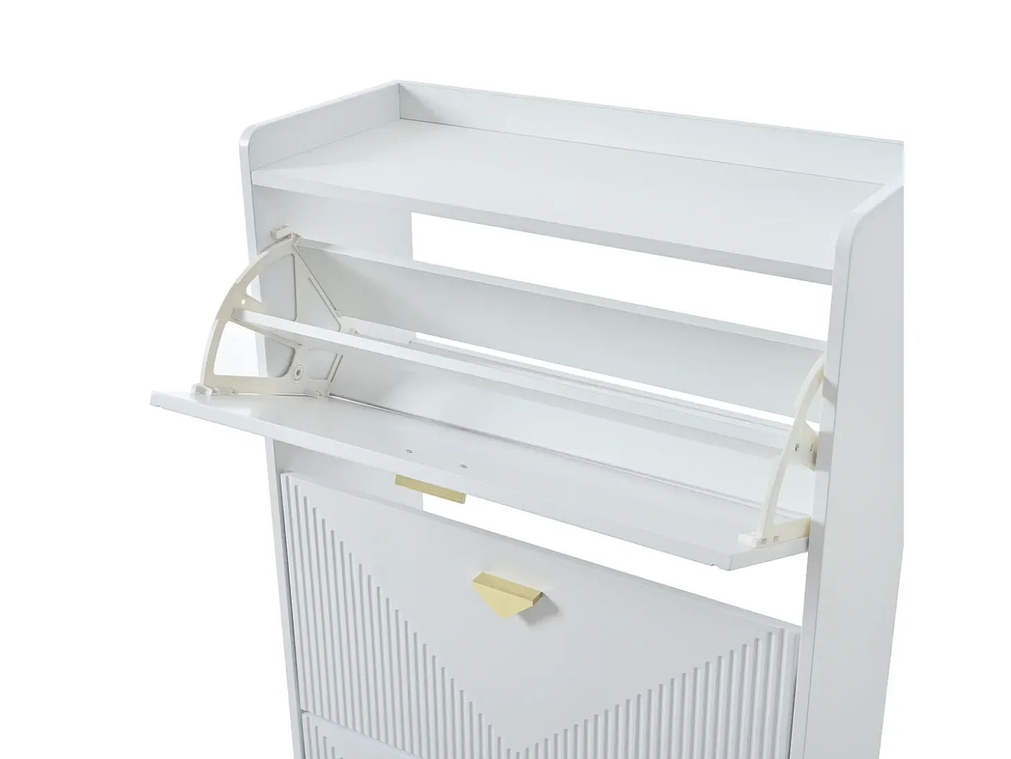 Armário de sapatos branco com 3 portas basculantes e 6 compartimentos.