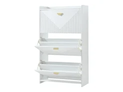 Armário de sapatos branco com 3 portas basculantes e 6 compartimentos.