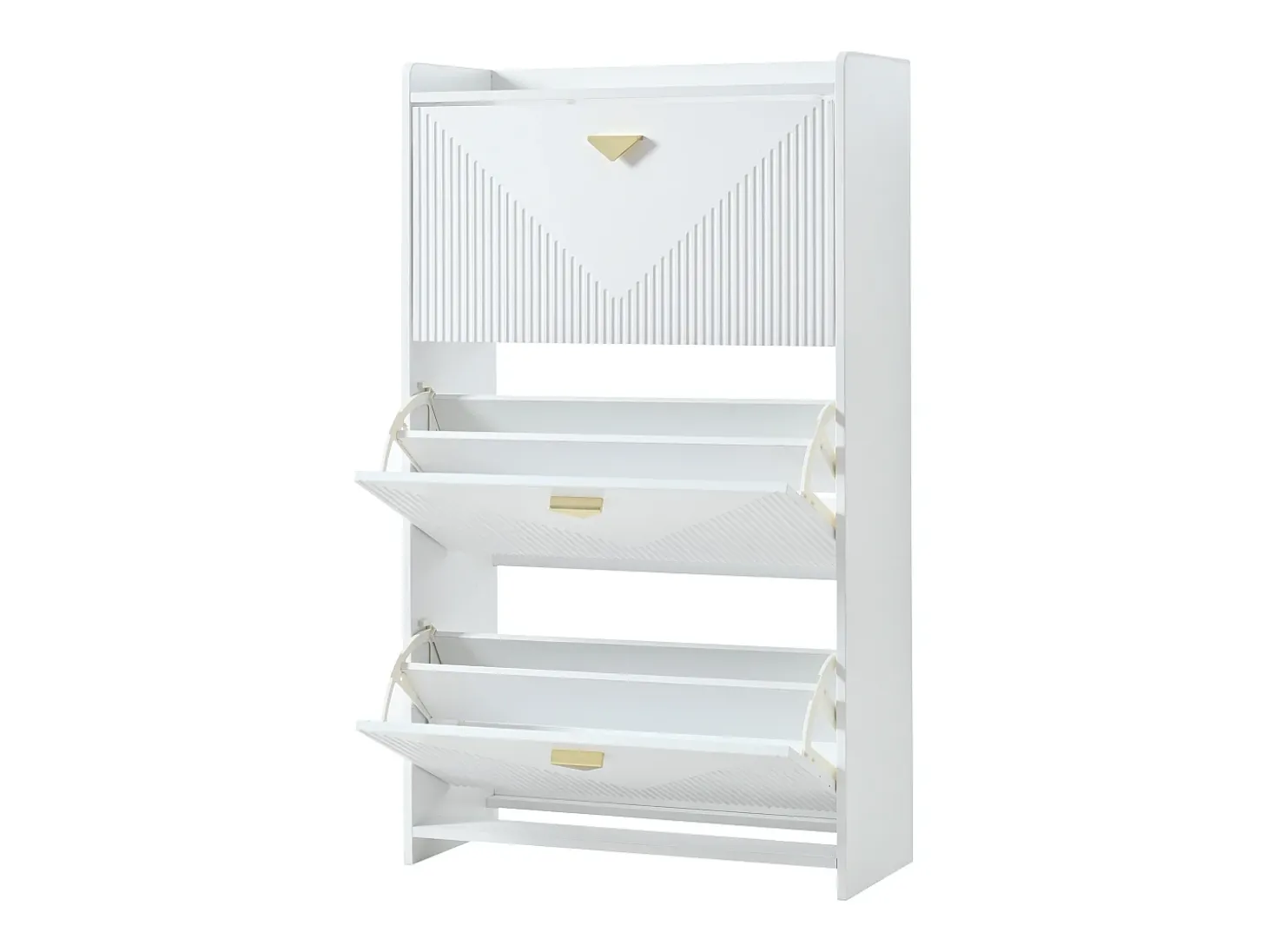 Armário de sapatos branco com 3 portas basculantes e 6 compartimentos.