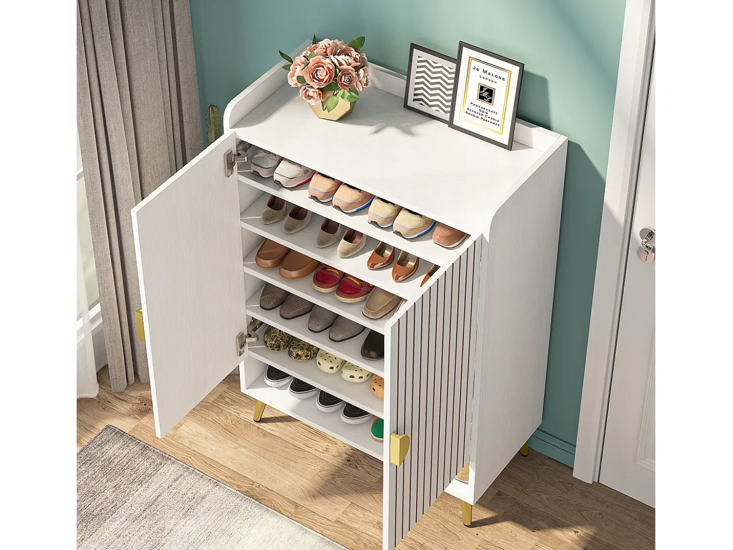 Armário de Sapatos com 2 Portas, 6 Andares Armário de Armazenamento para Sapatos, Armário de Entrada para Armazenar Sapatos, 75x 35x 110cm (Branco)