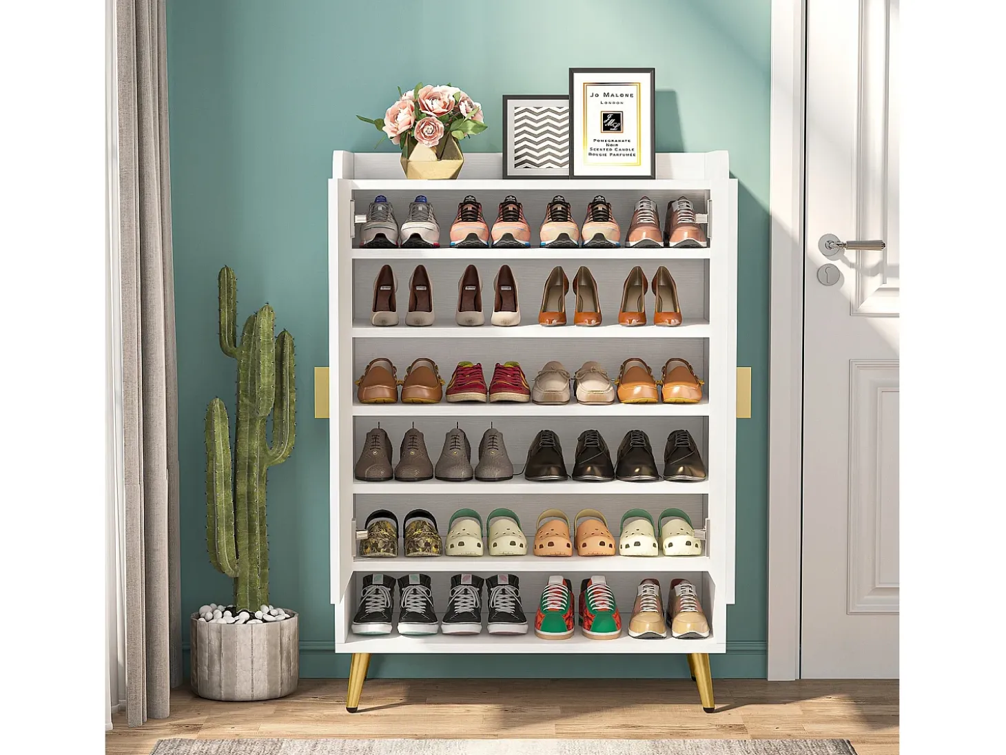 Armário de Sapatos com 2 Portas, 6 Andares Armário de Armazenamento para Sapatos, Armário de Entrada para Armazenar Sapatos, 75x 35x 110cm (Branco)