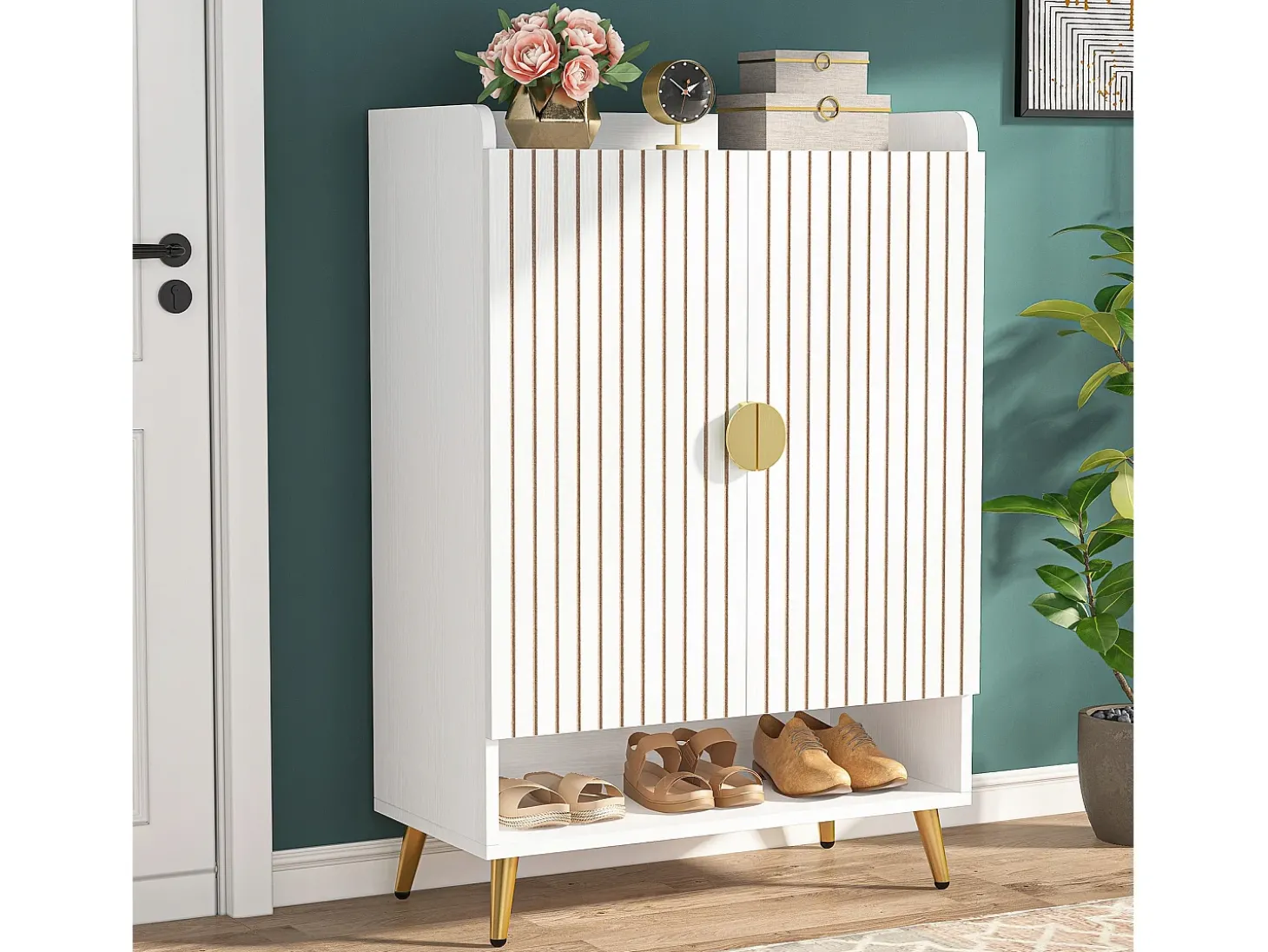 Armário de Sapatos com 2 Portas, 6 Andares Armário de Armazenamento para Sapatos, Armário de Entrada para Armazenar Sapatos, 75x 35x 110cm (Branco)