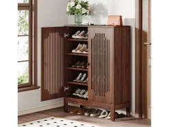 Armário de sapatos com portas em estriado, armário de sapatos de 5 andares com prateleiras ajustáveis, estante de sapatos para 20 pares