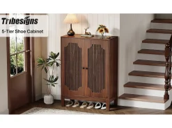 Armário de sapatos com portas em estriado, armário de sapatos de 5 andares com prateleiras ajustáveis, estante de sapatos para 20 pares