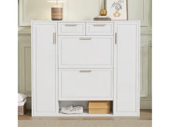 Armário de sapatos moderno 120×24×107 cm - 2 portas e 2 gavetas - 2 portas basculantes - branco