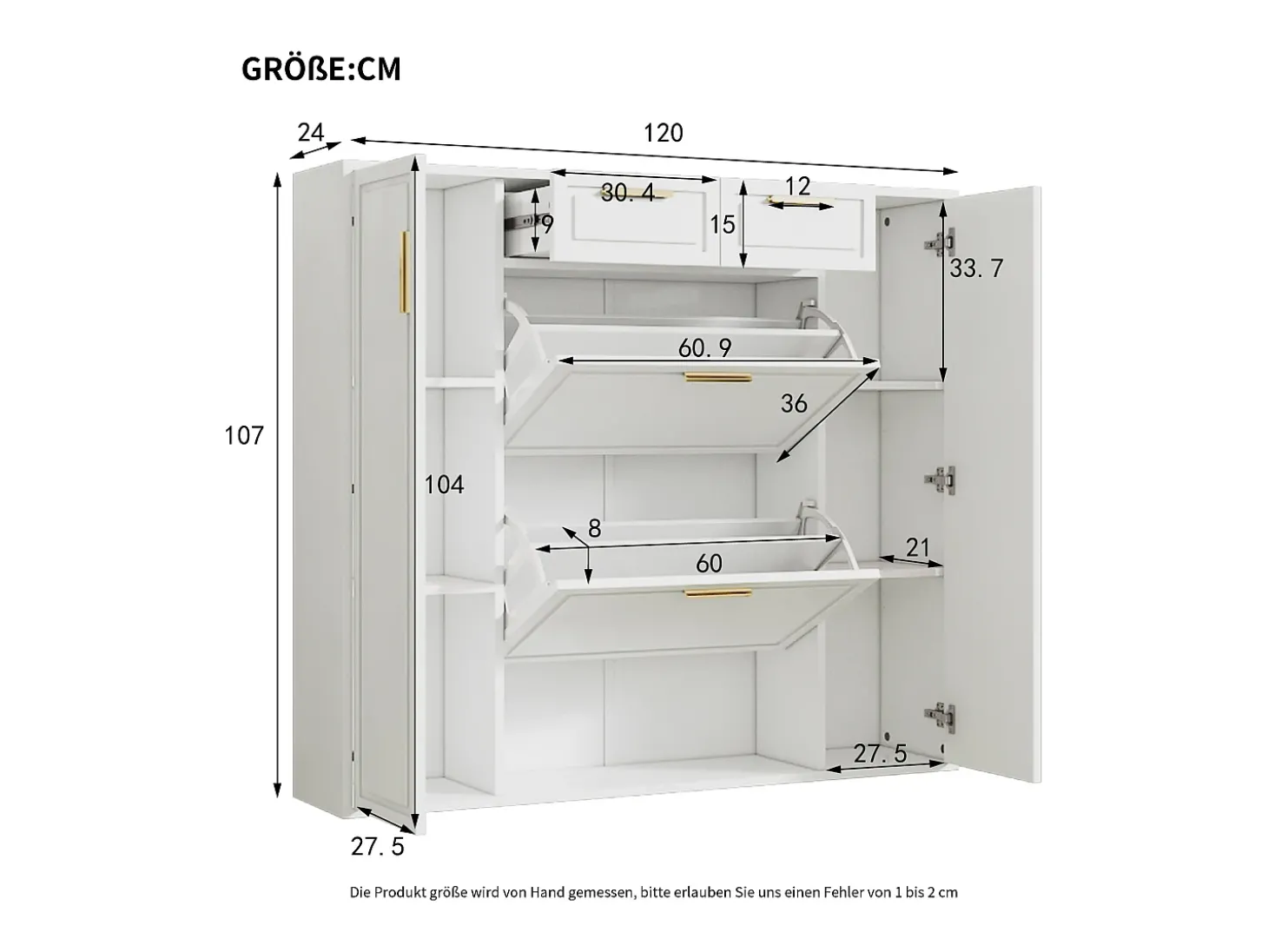 Armário de sapatos moderno 120×24×107 cm - 2 portas e 2 gavetas - 2 portas basculantes - branco
