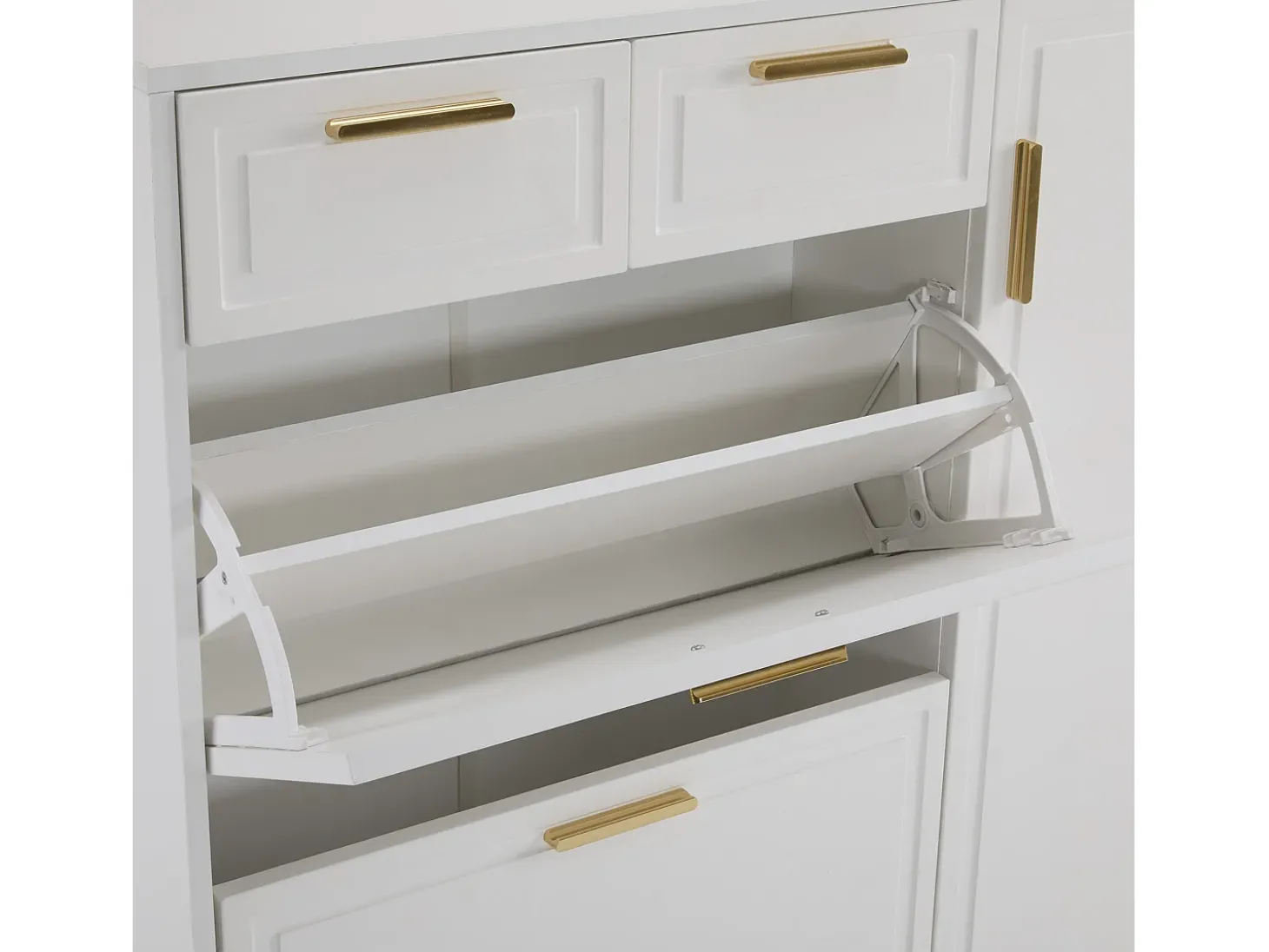 Armário de sapatos moderno 120×24×107 cm - 2 portas e 2 gavetas - 2 portas basculantes - branco