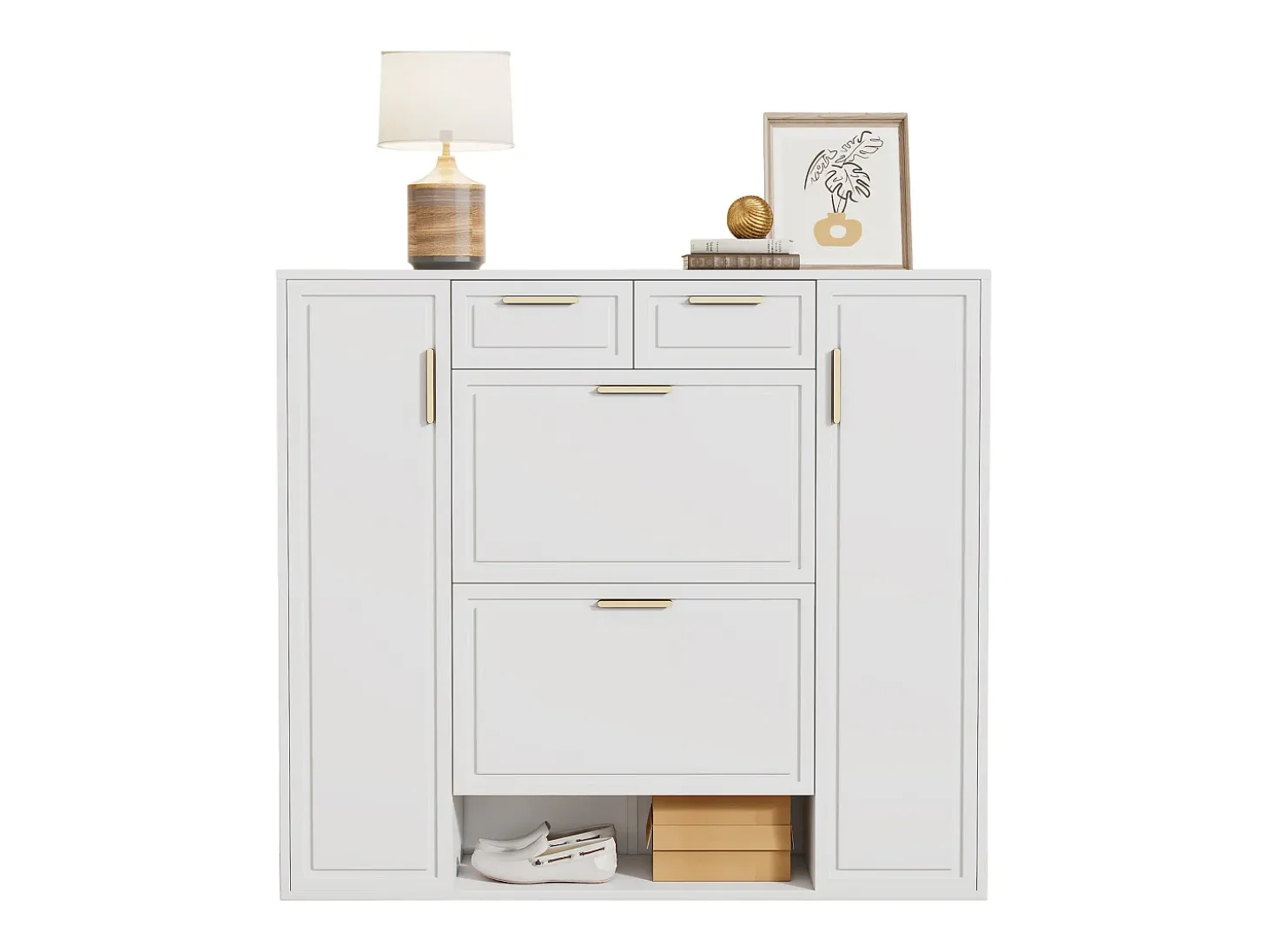 Armário de sapatos moderno 120×24×107 cm - 2 portas e 2 gavetas - 2 portas basculantes - branco