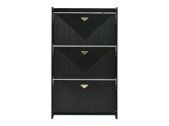 Armário de sapatos preto com 3 portas basculantes e 6 compartimentos.