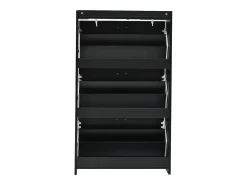 Armário de sapatos preto com 3 portas basculantes e 6 compartimentos.