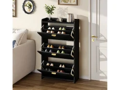 Armário de sapatos preto com 3 portas basculantes e 6 compartimentos.