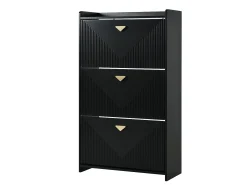 Armário de sapatos preto com 3 portas basculantes e 6 compartimentos.