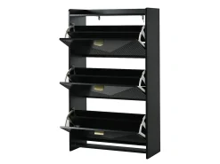 Armário de sapatos preto com 3 portas basculantes e 6 compartimentos.