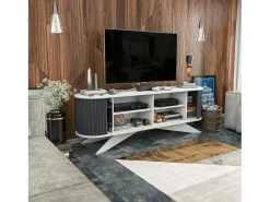 Armário de suporte de TV Desteve, Aparador de sala de estar, Armário de TV baixo, Base de suporte de paredeZata, 180x43h60 cm, Antracite e Branco