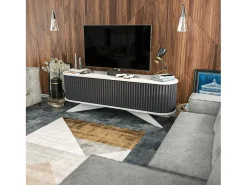 Armário de suporte de TV Desteve, Aparador de sala de estar, Armário de TV baixo, Base de suporte de paredeZata, 180x43h60 cm, Antracite e Branco